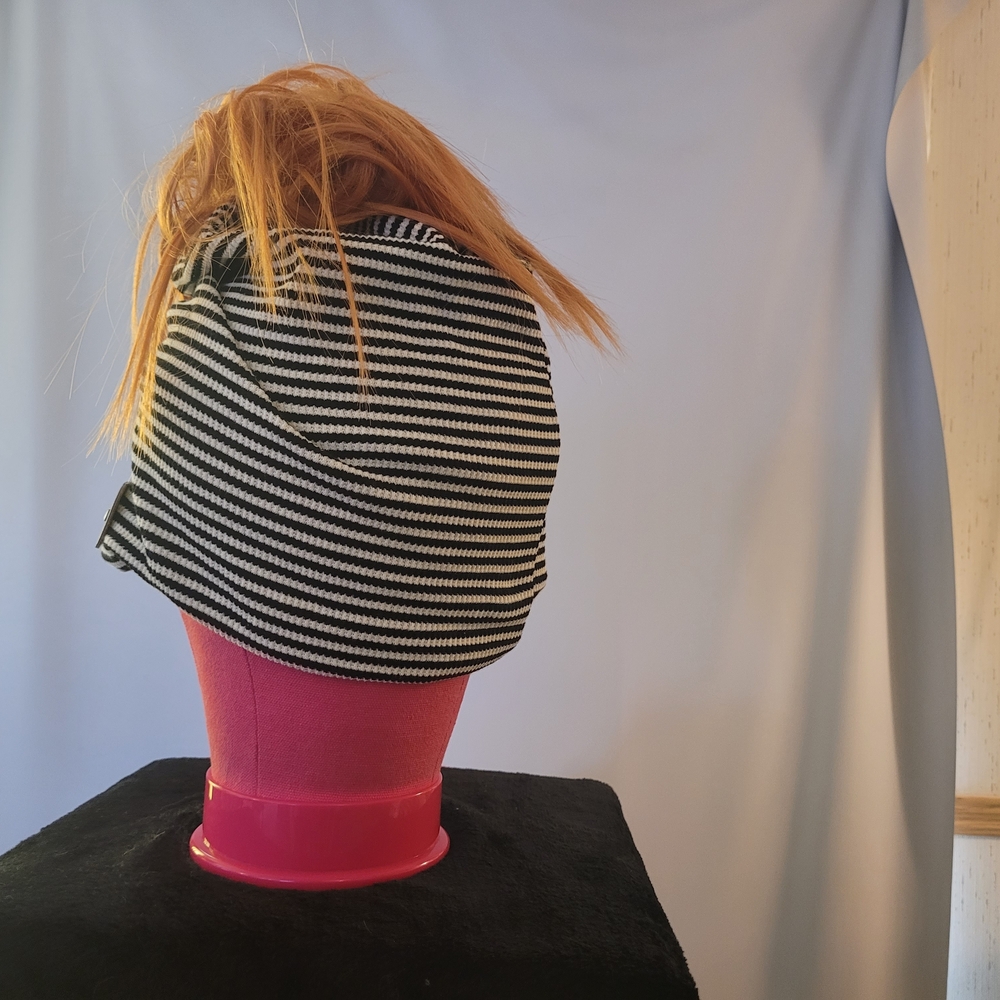 Black and White Striped Beanie With a Ginger Pony Spray Attached!